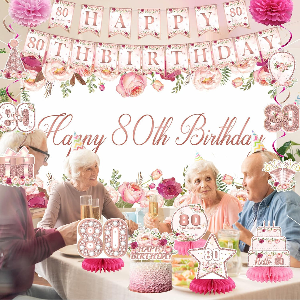 Vlipoeasn 80th Birthday Decorations - Rose Gold Backdrop Banner, Cake Topper & Swirl Hanging Decor
