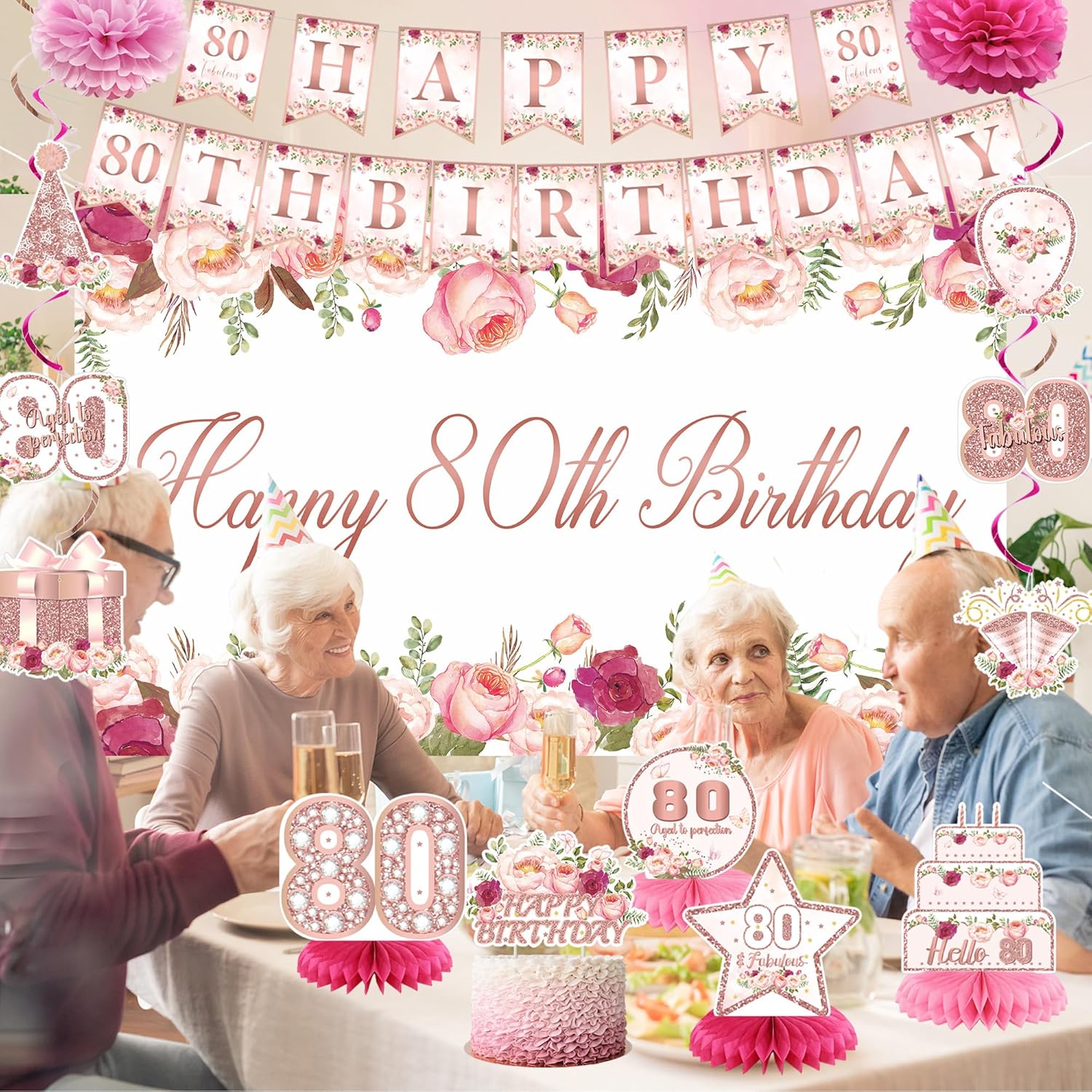 Vlipoeasn 80th Birthday Decorations - Rose Gold Backdrop Banner, Cake Topper & Swirl Hanging Decor