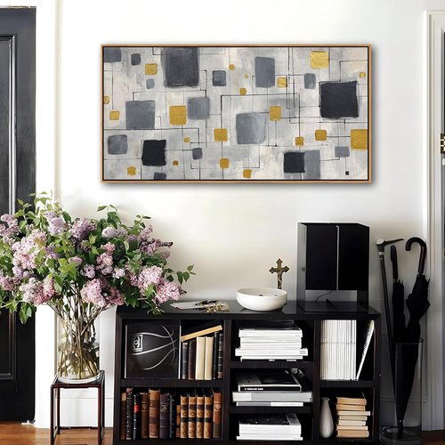 KLAKLA Modern Abstract Wall Art Poster - Unframed Black, Gold & Gray Decor for Living Room | 40x20 Inches