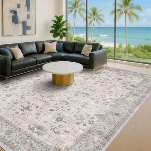 Hazo Haus Boho Living Room Rug - Light Grey Floral Design, 10x14, Washable Low Pile, Non-Slip Extra Large Area Rug