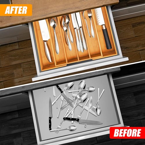 Bellsal Bamboo Utensil Holder - Expandable Silverware Organizer for Kitchen Drawers | Cutlery Tray