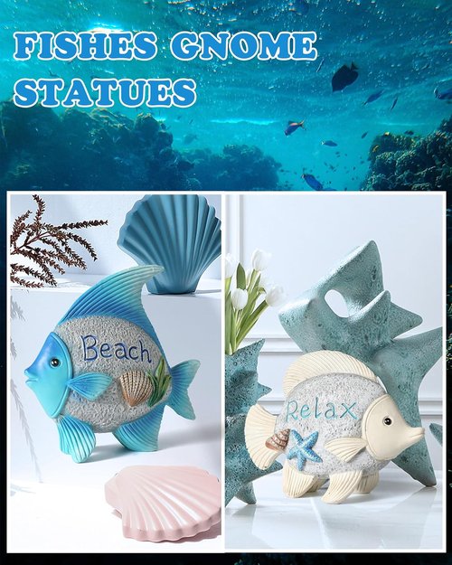 iStatue 2-Pack Coastal Fish Figurines - Cute 4.4'' Nautical Decor for Bathroom & Living Room