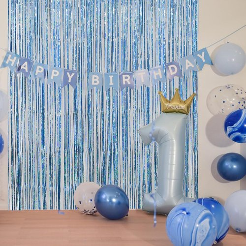 Blue Tinsel Curtain Streamers by [Brand Name] - Foil Fringe Party Backdrop for Engagements & Birthdays | 2 Pack, 3.3×8.3ft