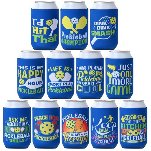 Xumbtvs Pickleball Themed Can Cooler, 12 Pcs Insulator Neoprene Beer Cans Sleeve for Party Decorations Favor Supplies, Funny Pickleball Gifts Accessories for Women Men