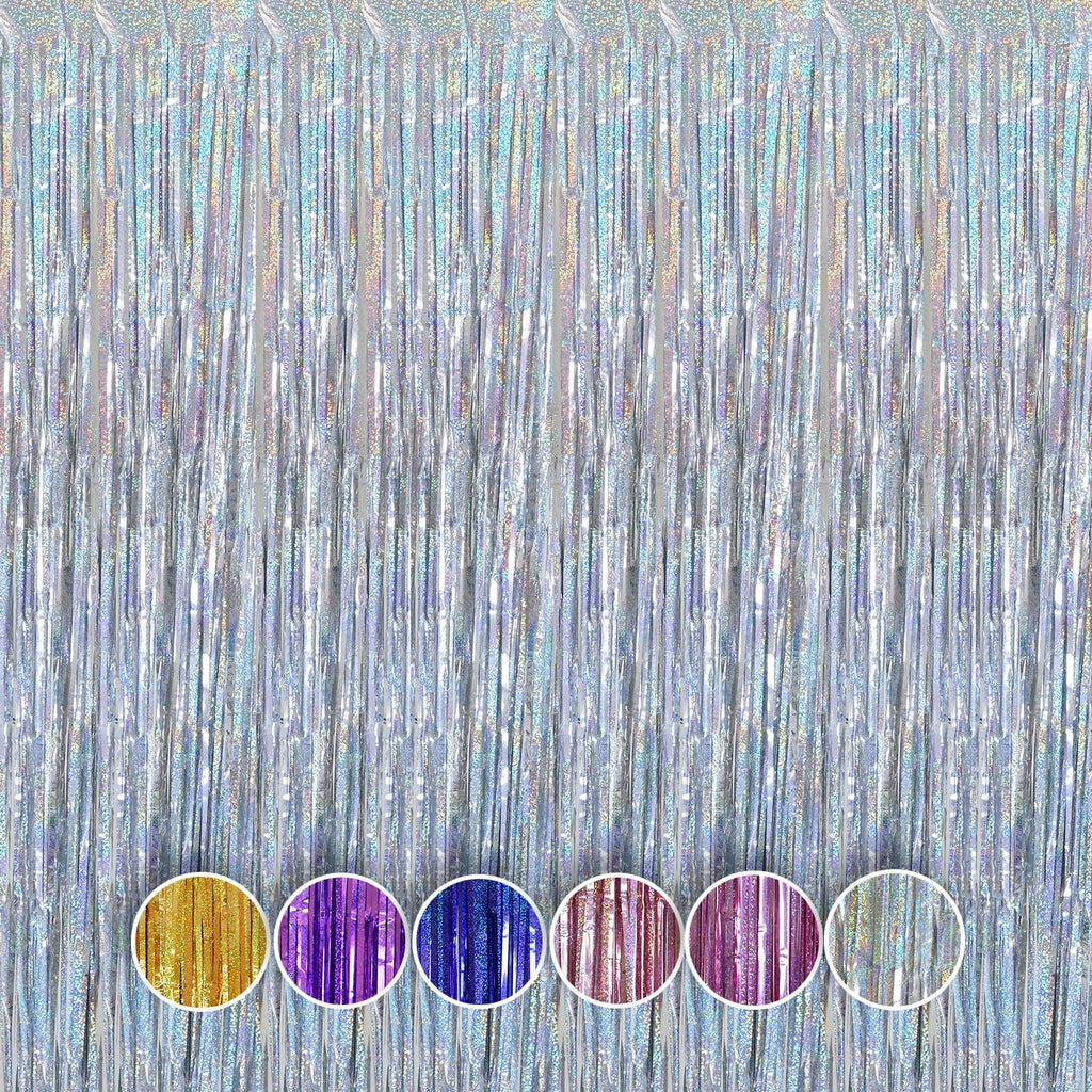 QRabbit Foil Curtain Backdrop - Silver Metallic Tinsel Fringe for Parties | 4 Pack for Birthdays & Weddings