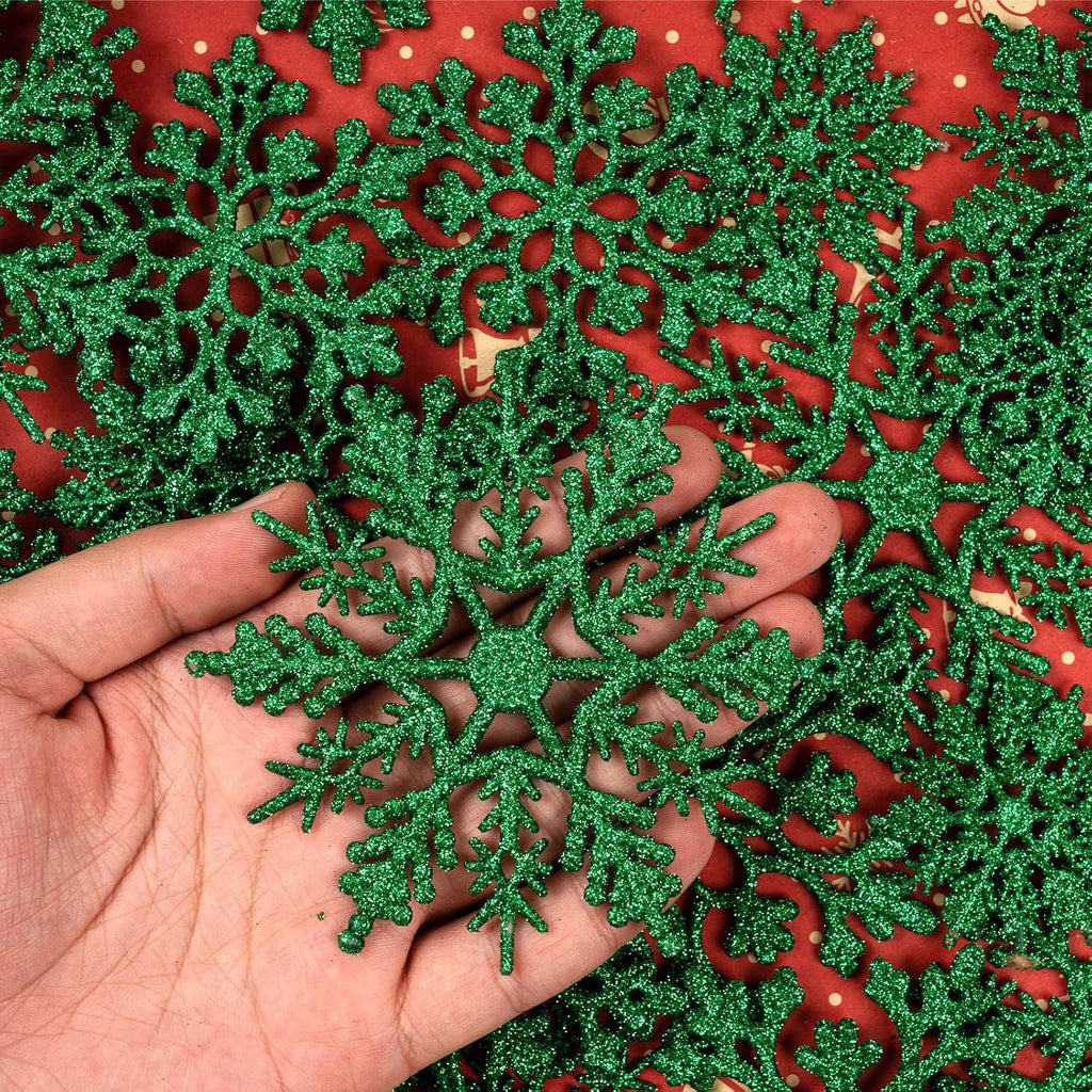 Skiennix Dark Green Christmas Snowflake Ornaments - 36 Pcs Glitter Hanging Decorations for Holiday Home Decor