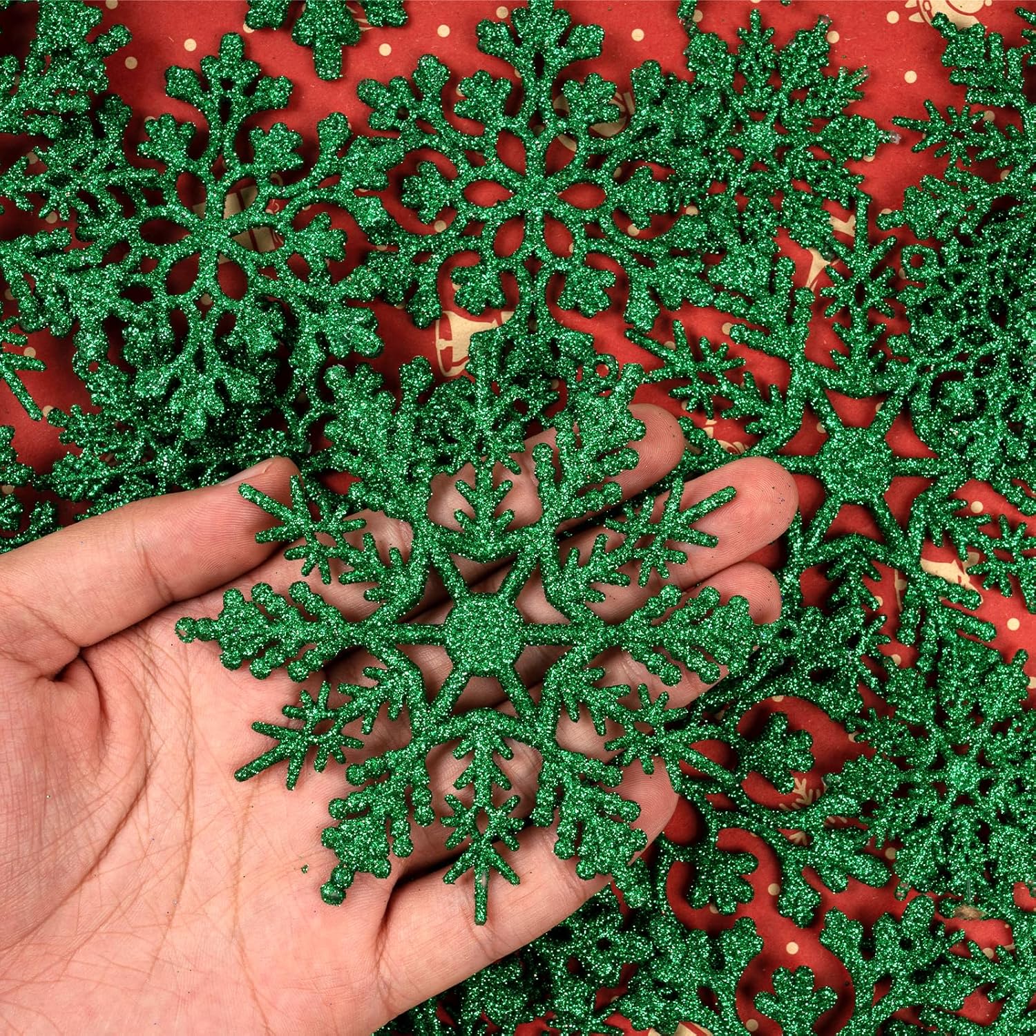 Skiennix Dark Green Christmas Snowflake Ornaments - 36 Pcs Glitter Hanging Decorations for Holiday Home Decor
