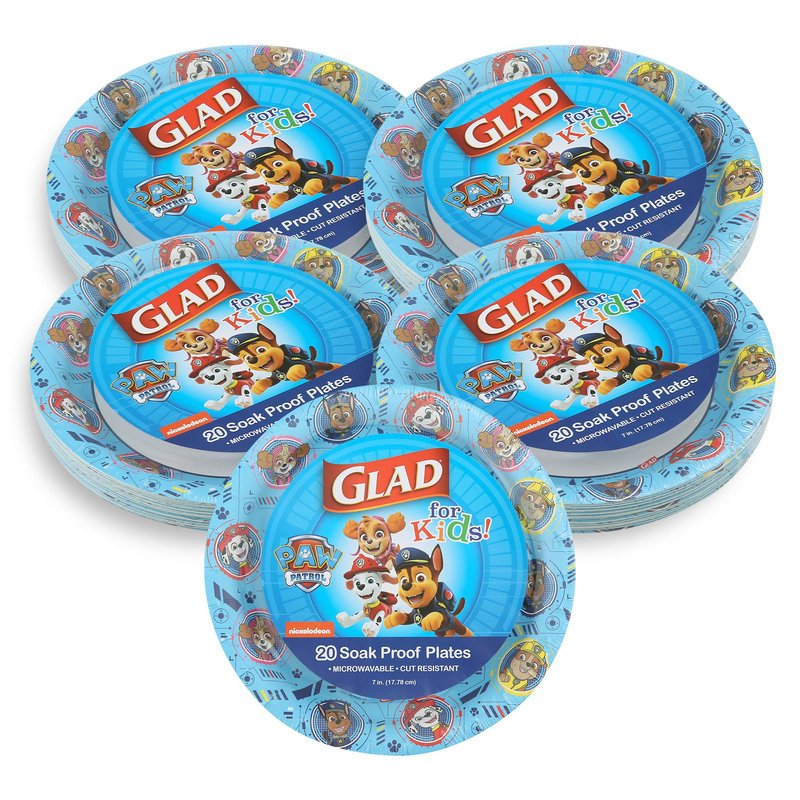 Glad for Kids Paw Patrol Disposable Paper Plates, Heavy Duty Soak Proof Microwavable Kids Plates for Parties, Birthdays, and Everyday Meals, Core Pups Blue, 7 Inch, 20 Count - 5 Pack