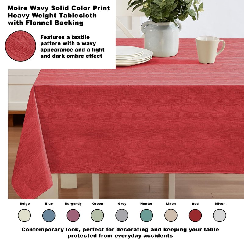Newbridge Red Moire Wavy Solid Vinyl Flannel Backed Tablecloth, 60 x 102 Inch Rectangle, Heavyweight Indoor Outdoor Waterproof Table Cover, Easy Care Wipe Clean