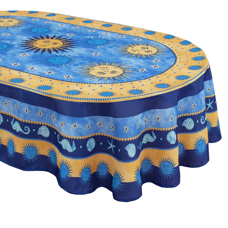 Home Bargains Plus 60 x 84 Inch Oval Blue Sun Mediterranean Fabric Tablecloth, Coastal Medallion Border Design, Wrinkle Water and Stain Resistant Indoor Outdoor Table Cover