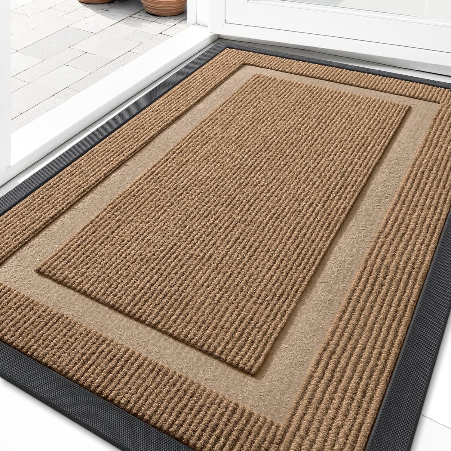 OLANLY Waterproof Front Door Mat - All-Season, Sturdy Natural Rubber, Easy Clean | 29.5x17, Light Brown