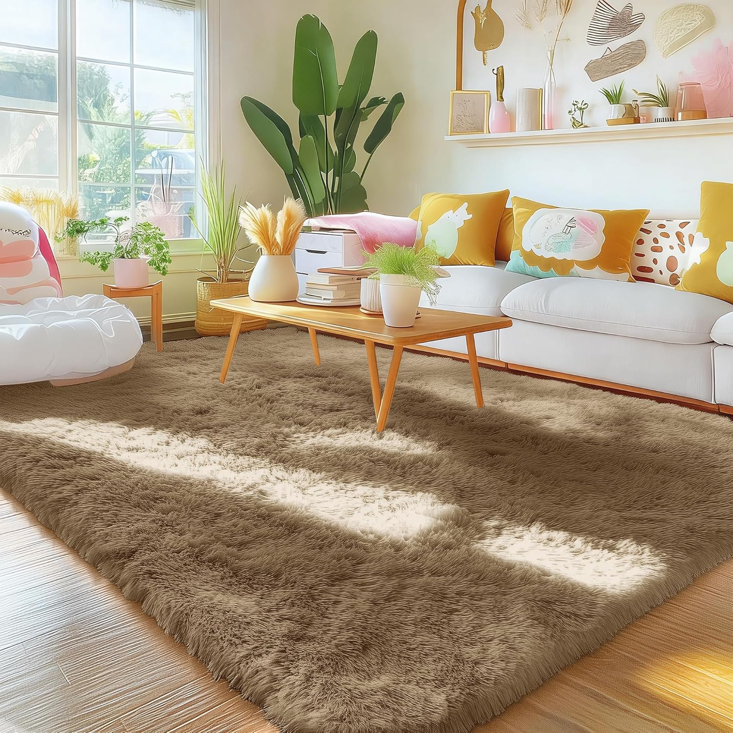 OLANLY Area Rugs - Soft Fluffy Shaggy Indoor Carpet for Living Room & Bedroom | 4x5.9 ft, Taupe