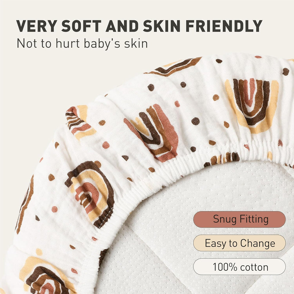 Skiennix Muslin Bassinet Fitted Sheets - Soft Cotton Baby Mattress Set | 360° Snug Fit, Cute Rainbow Design