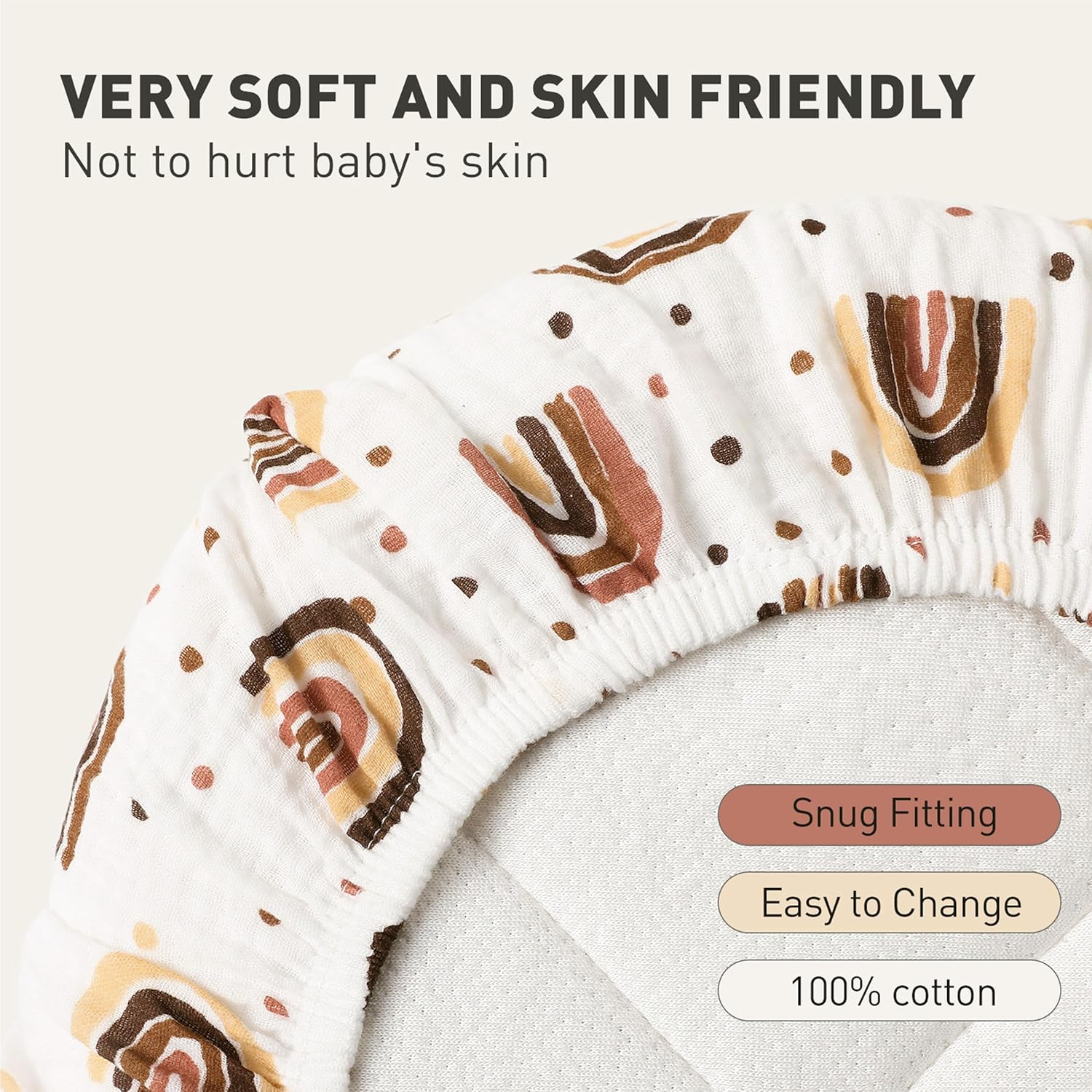 Skiennix Muslin Bassinet Fitted Sheets - Soft Cotton Baby Mattress Set | 360° Snug Fit, Cute Rainbow Design