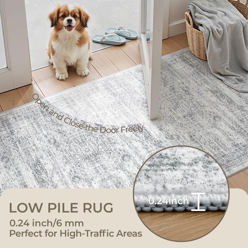 Restydon Kitchen Runner Rugs Non Skid Washable - 2.5 x 10 Runner Rug with Anti Slip Backing, Ultra-Thin Soft Rug Runner for Hallway, Bedroom, Living Room (2.5'x10', Grey/Ivory)