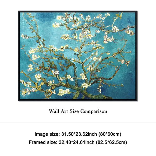 Pyradecor Large Black Framed Canvas Wall Art Almond Blossom Famous Oil Paintings Reproduction Canvas Prints by Van Gogh for Home Office Decorations