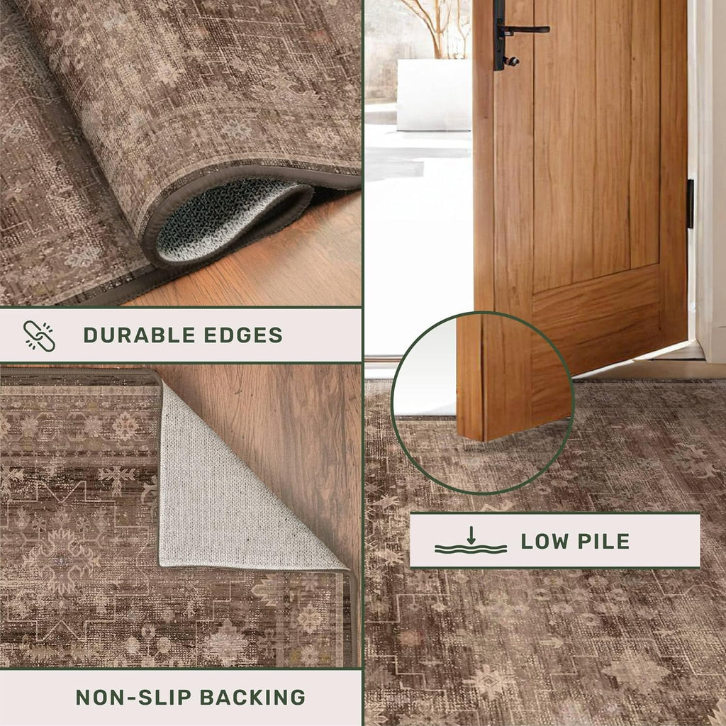 Skiennix Brown Washable Long Runner Rug - Non-Slip Rubber Backing | 3x8 ft Boho Vintage Design for Hallways & Entryways