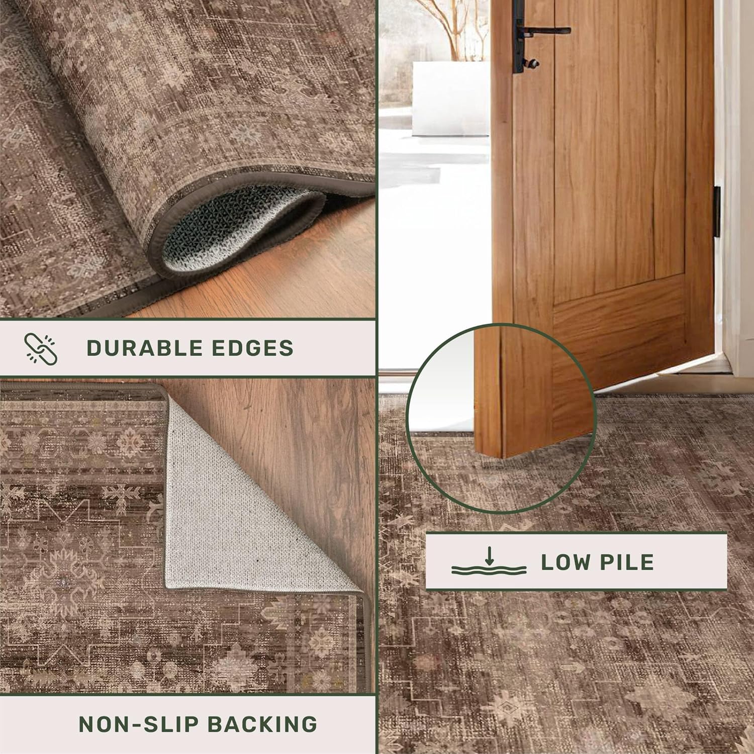 Skiennix Brown Washable Long Runner Rug - Non-Slip Rubber Backing | 3x8 ft Boho Vintage Design for Hallways & Entryways