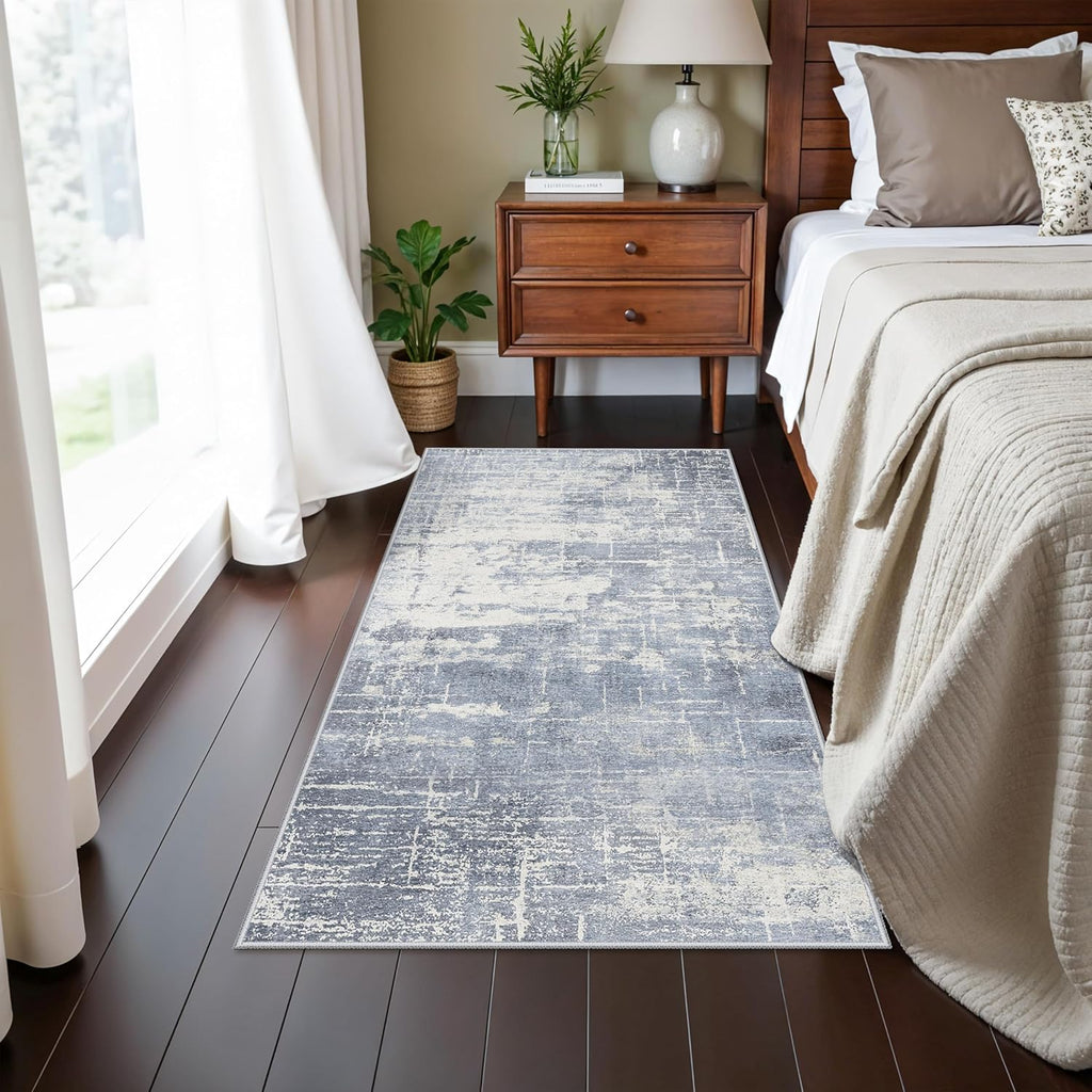 Skiennix Washable Kitchen Area Rug - Abstract Stain-Resistant, Non-Slip, Ultra Soft | 2x4, Blue/Ivory