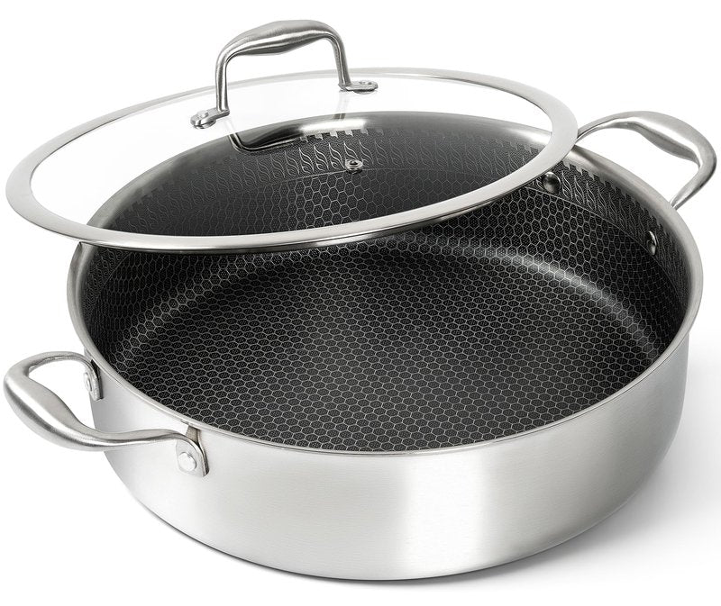 MICHELANGELO Tri-ply Stainless Steel Saute Pan 6 QT, 12.5 Inch Deep Frying Pan with Lid, 18/10 Large Saute Pan with Nonstick Honeycomb Interior, Induction Compatible & Oven Safe