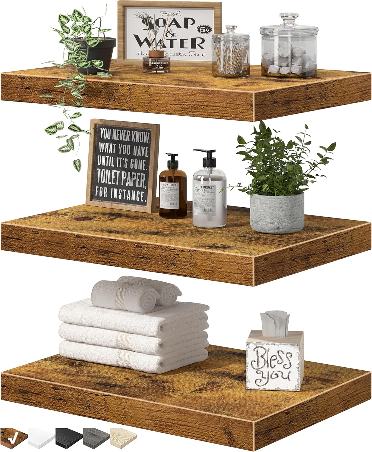 QEEIG 10" Deep Floating Shelves - Rustic Brown Wall-Mounted Bookshelf Set of 3 for Bathroom, Bedroom, Kitchen & Living Room