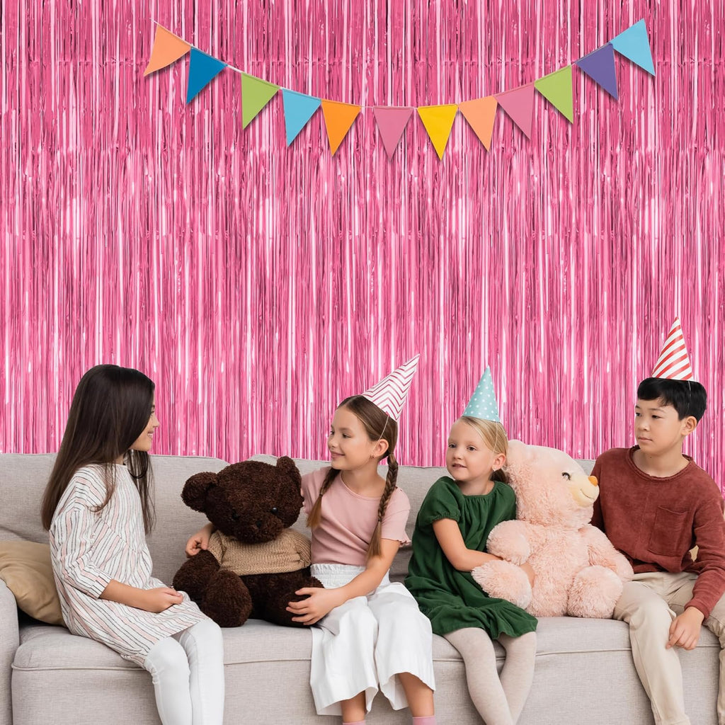 Skiennix Pink Party Decorations - 2 Pack Metallic Tinsel Backdrop Curtains | 3.28 FT x 7.05 FT