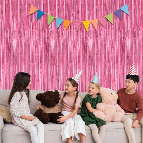 4 Pack Pink Birthday Backdrop - Metallic Happy Birthday Fringe Curtains | 3.28 FT x 7.05 FT