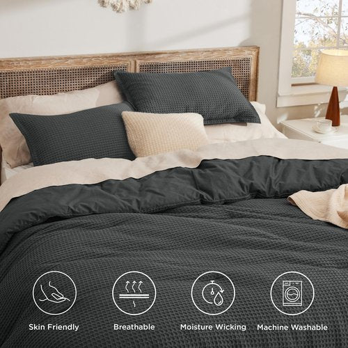 Bedsure Waffle Comforter Set King, Charcoal Soft Bedding, Waffle Weave Bed Set, 3 Pieces, 1 Comforter (104"x90") and 2 Pillow Shams, Cotton Shell and Polyester Lining for All Seasons