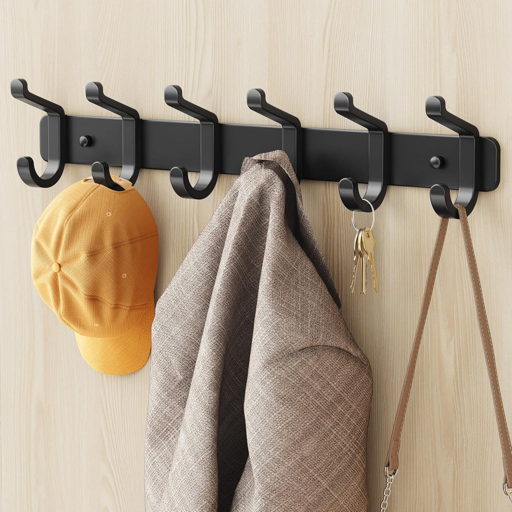 Pickpiff Coat Rack - Heavy-Duty Wall Mounted Metal Hanger with 6 Hooks for Hats, Clothes, and More | Black, 1 Pack
