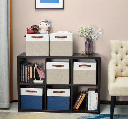 DECOMOMO Fabric Cube Storage Bins - Stylish Organizer Baskets for Kallax & Cubbies | Beige & White, 11-Inch Cube - 4 Pack