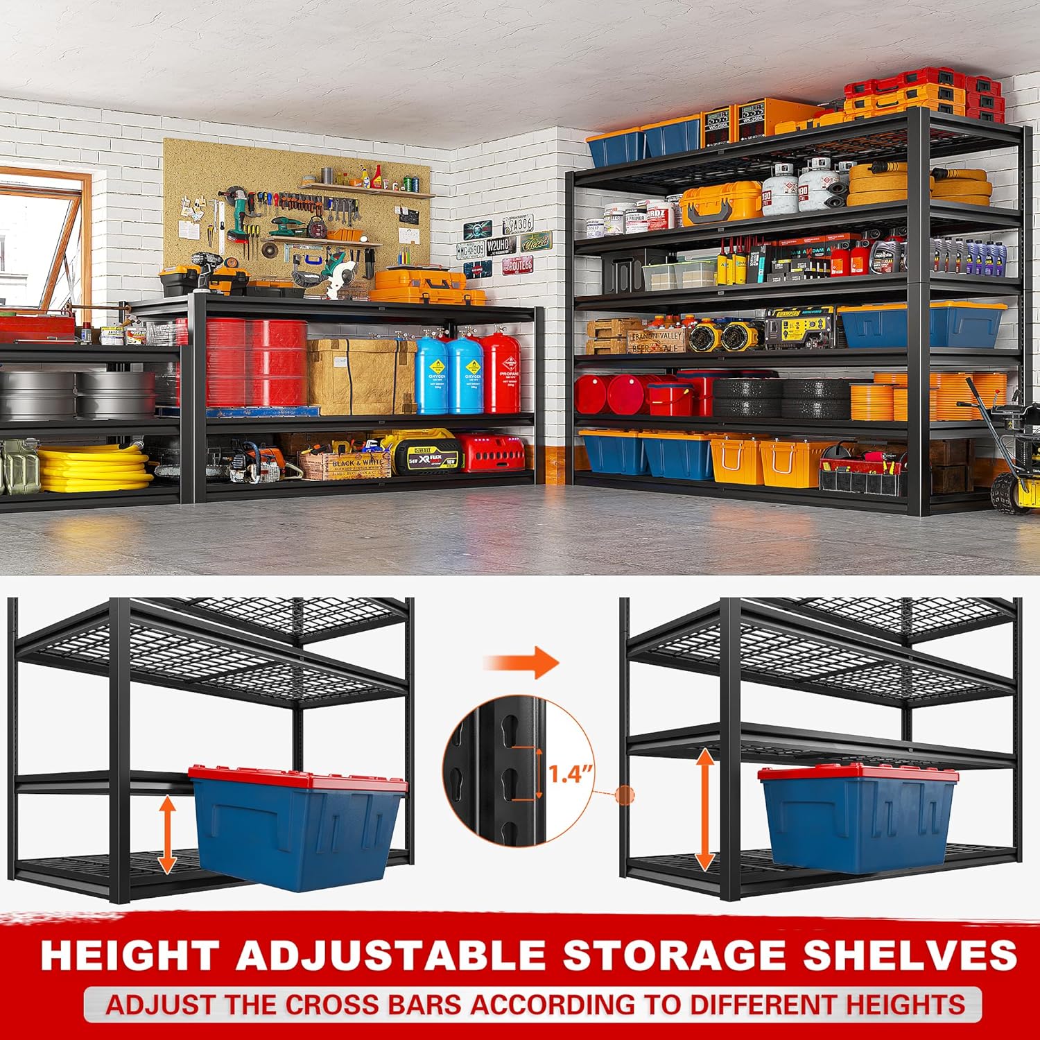 REIBII 3500LBS Heavy Duty Garage Shelving - Adjustable 6-Tier Metal Storage Unit | 55" W x 26" D x 84" H, Black, 3 Pack