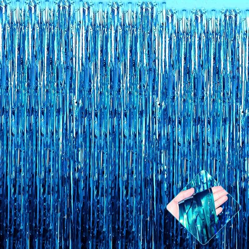 Lake Blue Foil Fringe Curtains - 4 Pack Metallic Tinsel Backdrop | 3.2Ft x 9.8Ft for Parties & Events
