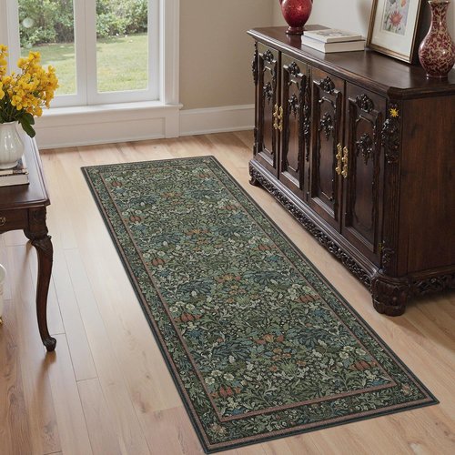 GENIMO 2x6 Runner Rug - Non-Slip Washable Vintage Boho Floral Carpet | Soft Low Pile for Hallway & Entryway, Dark Green