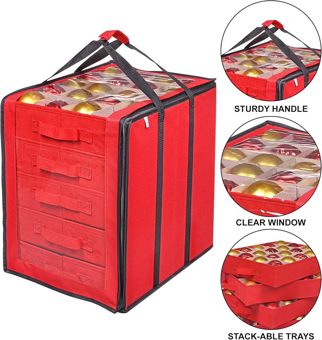 ProPik Christmas Ornament Storage Boxes - Durable Organizer with 5 Dividers for 100 Ornaments | Red Carrying Bag