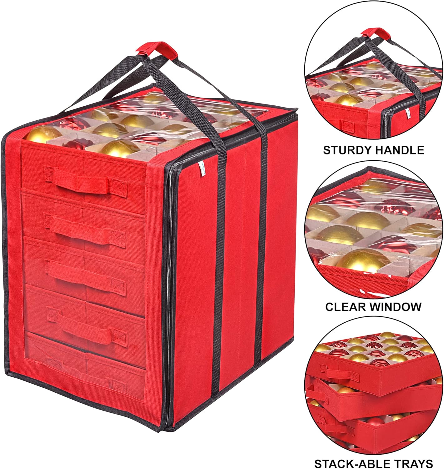 ProPik Christmas Ornament Storage Boxes - Durable Organizer with 5 Dividers for 100 Ornaments | Red Carrying Bag