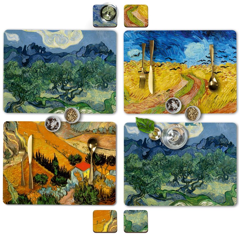 Moderry Set of 4 Heat Resistant Cork Placemats for Dining Table with Free Set of 4 Matching Drink Coasters Van Gogh Art Design 16 x 12 Inches Cork Backed Hard Placemats (Horizons of Light and Shadow)