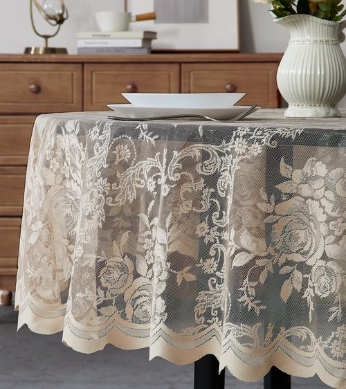 Warm Home Designs 90 Inch Round Tablecloth with English Rose Design. Use as Circle Tablecloth, Rustic Tablecloth or as Elegant Lace Table Cloth. Linen Gold Table Clothes for 6-8 Guests. LTC Linen 90"