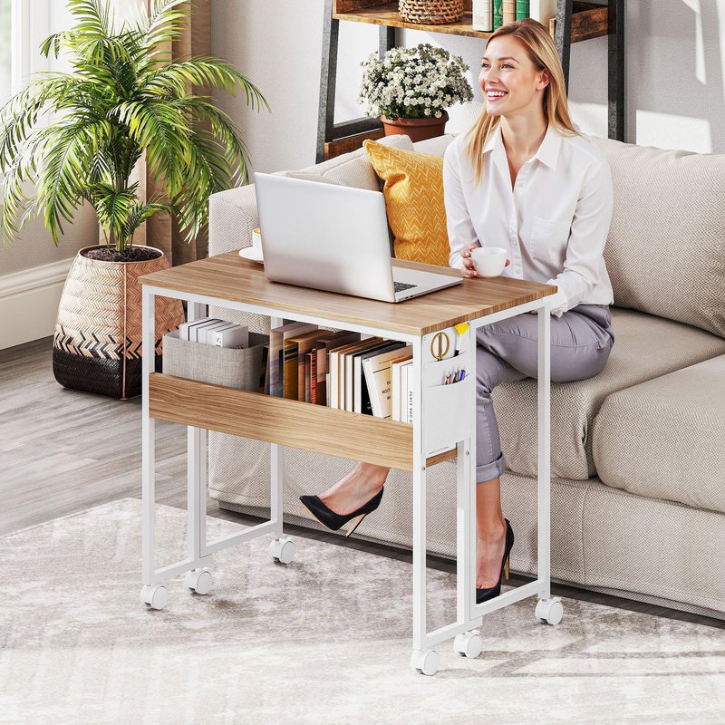 HOMCOM Small Folding Desk, Rolling Computer Desk Foldable with Storage Bag and Shelf, 31.5" Portable Writing Table on Wheels for Small Spaces, Home Office, Study, Easy Assembly, Natural Wood