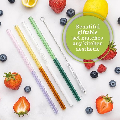Glass Straws - Two Toned Colors - 5 Pack Set for Drinking Juices, Smoothies, Waters, Shatter Resistant, Reusable, Stylish