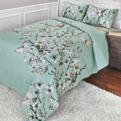 The Lakeside Collection Embroidered Cherry Blossom Quilt Set with Shams - King - 3 Pieces