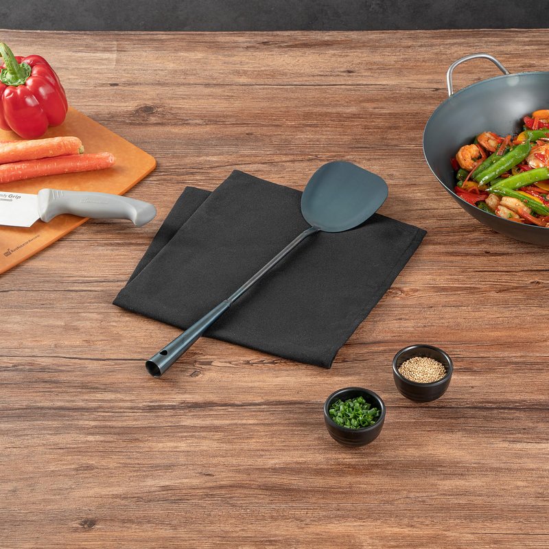 Restaurantware-Motomori 16 Inch Wok Spatulas, 10 Pre-Seasoned Cooking Turners - Hanging Hole, Extra Long Handle, Blue Carbon Steel Chinese Cooking Spatulas, For Stirring, Flipping, Frying, And More