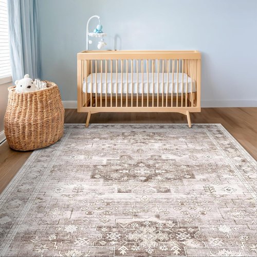 Hazo Haus Washable Area Rug - Non-Slip Boho Vintage Floral Design | 5x7 Beige/Latte for Bedroom & Living Room