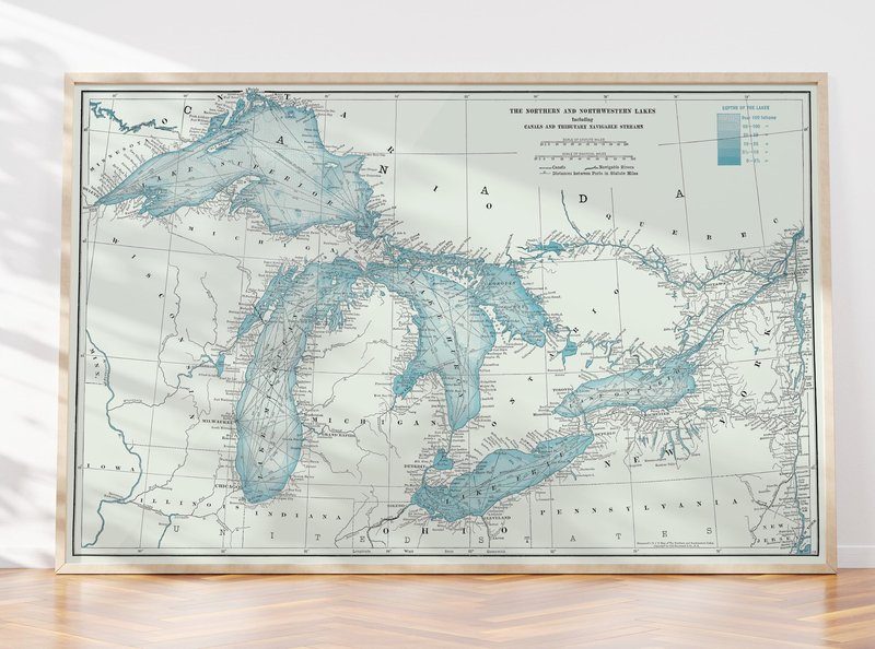 Historic Map - World Atlas - 1948 Great Lakes including Canals and Tributary Navigable Streams. - Vintage Wall Art - 36in x 24in
