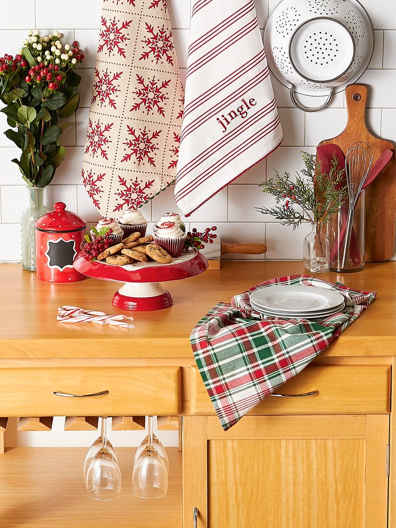 DII Nordic Christmas Collection Plaid & Stripes, Holiday Dish Towels, Kitchen Towel Set, 18x28, Jingle Stripe, Green Plaid, Red Snowflakes, 3 Count