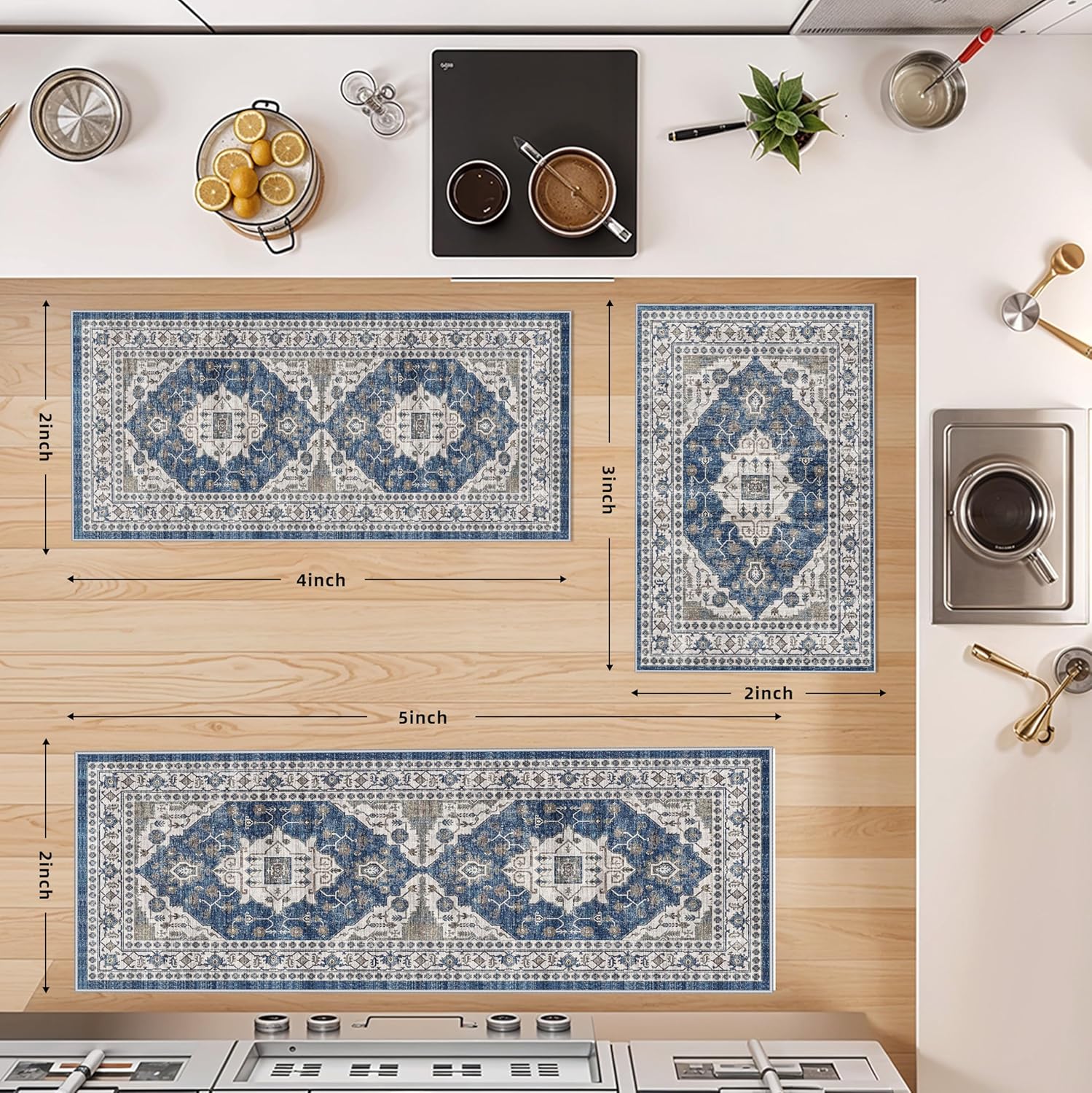 Skiennix Washable Kitchen Floor Mats - Non-Slip Water-Resistant Rugs | Soft Decorative Set (2x3, 2x4, 2x5, 2x6, Blue)