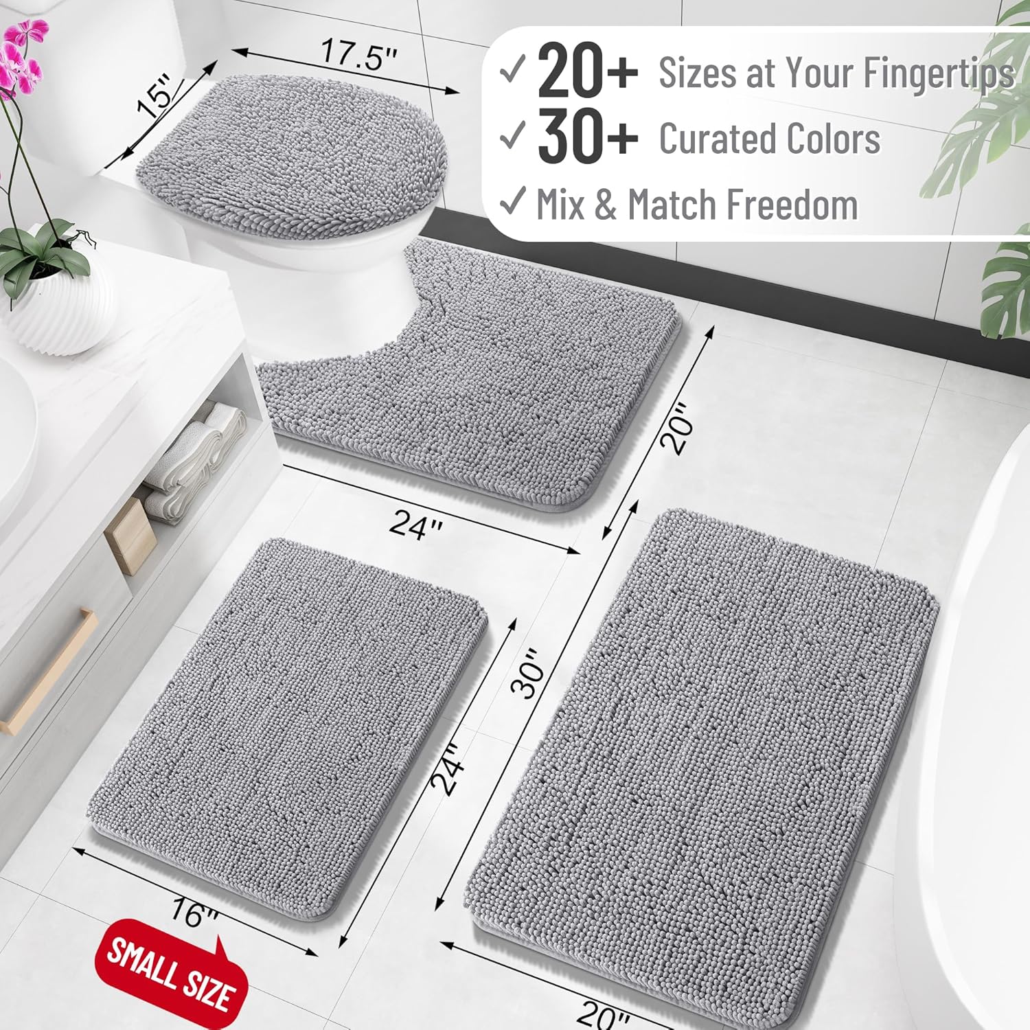 OLANLY Large Chenille Bathroom Rugs - Extra Soft & Absorbent | Quick Dry, Machine Washable, Grey 50x30