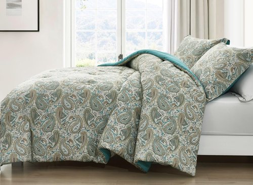 Chezmoi Collection Presley 3-Piece Queen Size Washed Cotton Paisley Comforter Set - Elegant Teal Ivory Brown Paisley Floral Printed Bedding Set Reversible Lightweight Comforter for All Season