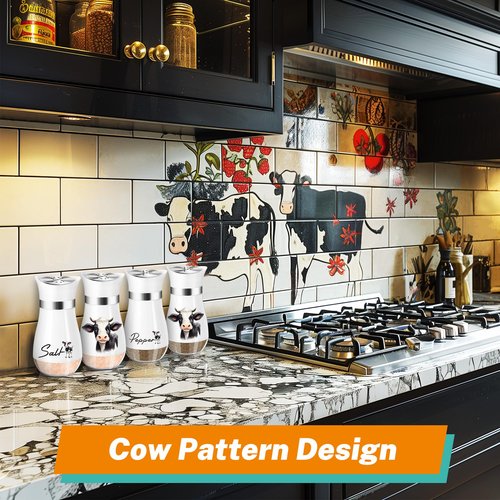 Cow Salt and Pepper Shakers Set,4 oz Glass Bottom Salt Pepper Shaker with Stainless Steel Lid Animal Decorations Country Kitchen Decor Farmhouse Gifts for Farmers(Cow)