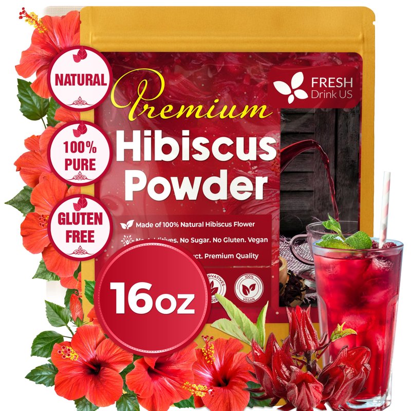 FreshDrinkUS, Premium 16oz Hibiscus Flower Powder, 100% Natural and Pure from Hibiscus Flowers, Natural Food Coloring, No Additives, No Gluten, No Sugar, Vegan