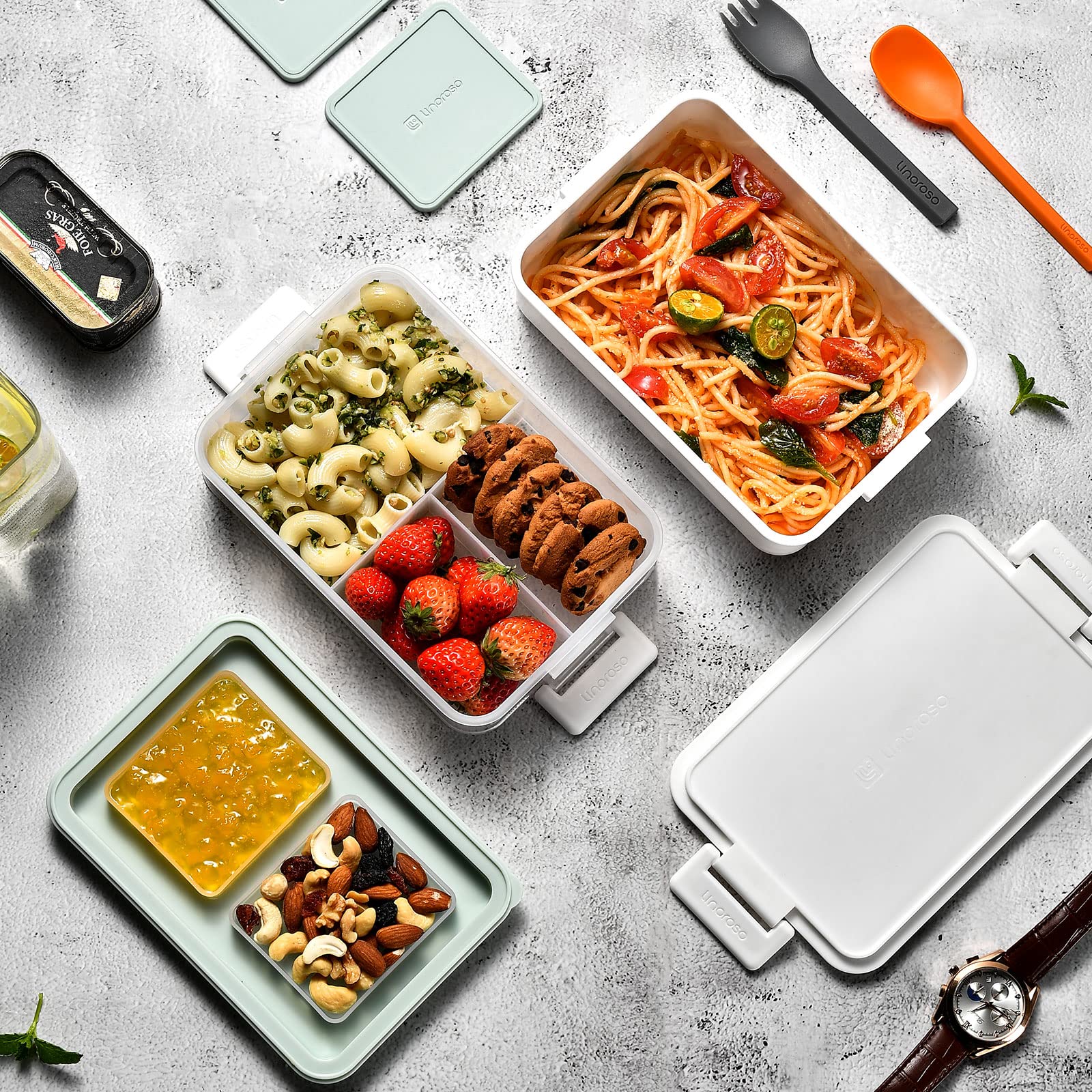 linoroso 2 PCS Stackable Bento Box Adult Lunch Box | Meet All You On-the-Go Needs for Food, Salad and Snack Box, Premium Bento Lunch Box for Adults Include Utensil Set, Dressing Containers